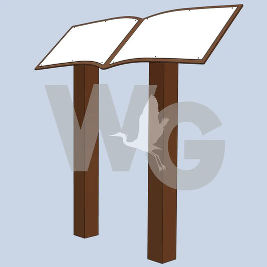 Double Book Pedestal Mount - Outdoor information sign with brown base and white top on a light blue background