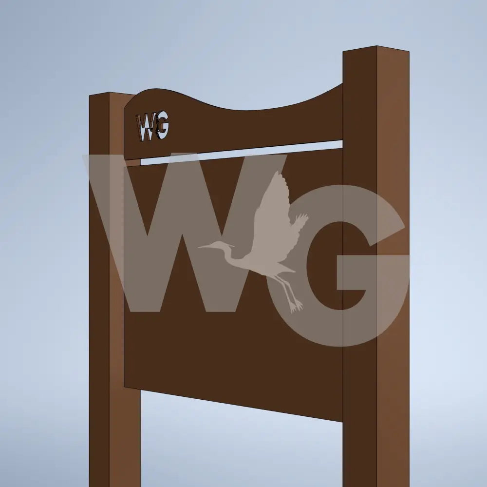 A brown mount back panel with a curved top header and a small cut through logo reading 'WG' near the upper left, shown against a light gray gradient background.