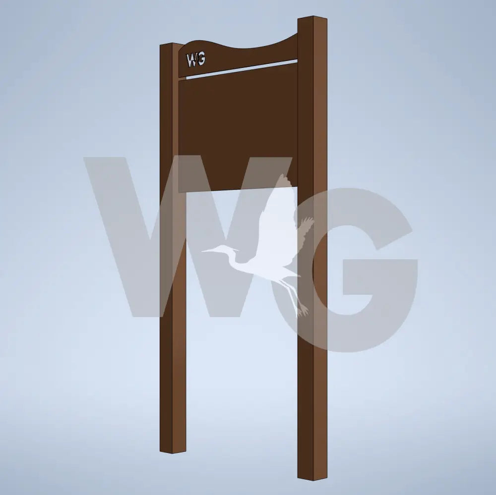 A brown metal signpost with a curved top and the letters 'WG' in cut through, shown against a light blue gradient background.