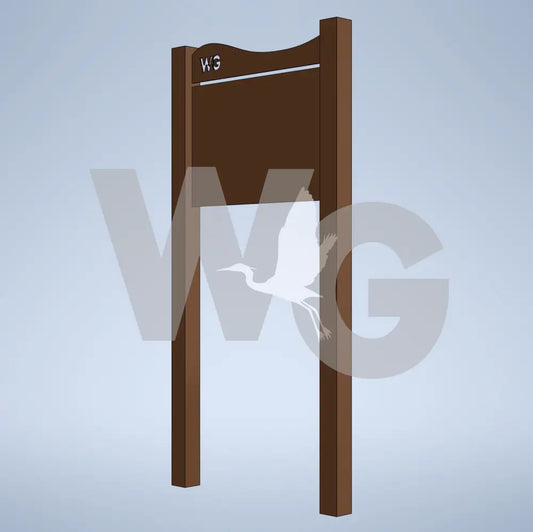 A brown metal signpost with a curved top and the letters 'WG' in cut through, shown against a light blue gradient background.