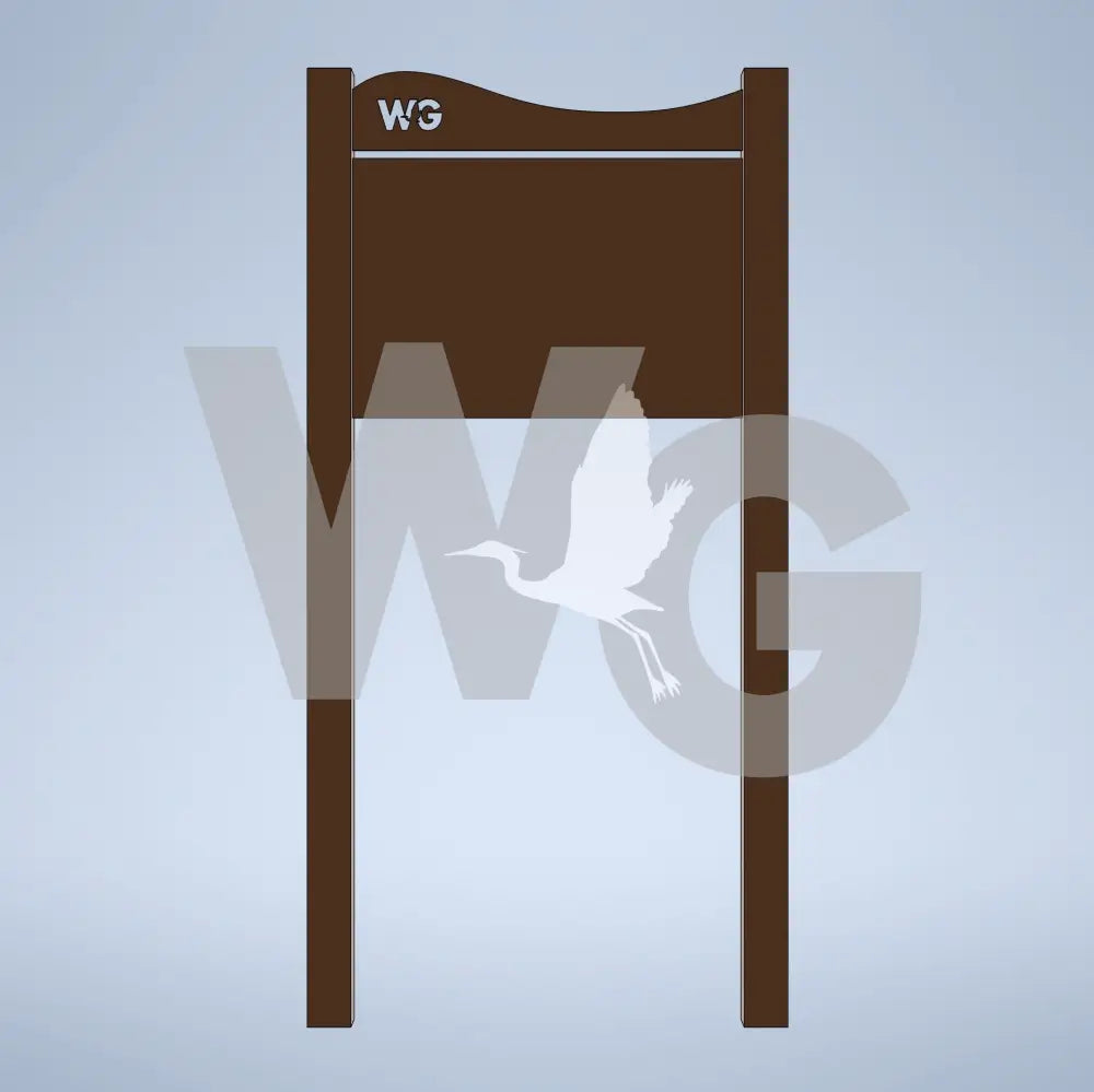 A brown metal signpost with a curved top and the letters 'WG' in cut through, shown against a light blue gradient background.