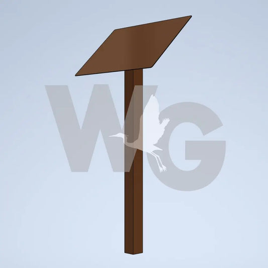 A small brown metal signpost with a diamond-shaped plate on a vertical post, centered against a light blue gradient background.