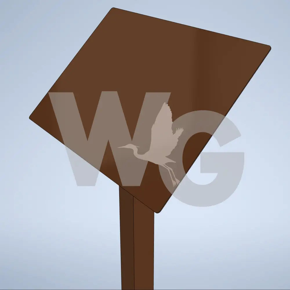 A blank brown sign on a matching post, shown against a soft light blue gradient background.