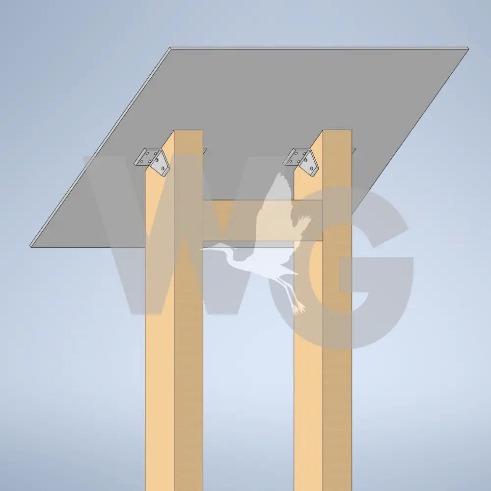 A 3D CAD rendering of a minimalist wooden table or stand with a square gray tabletop and two light wood legs, shown against a light blue-gray gradient background.
