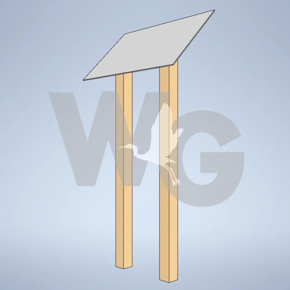 A simple 3D-rendered product showing a light gray triangular top mounted on two pale yellow vertical posts, centered on a soft blue gradient background.