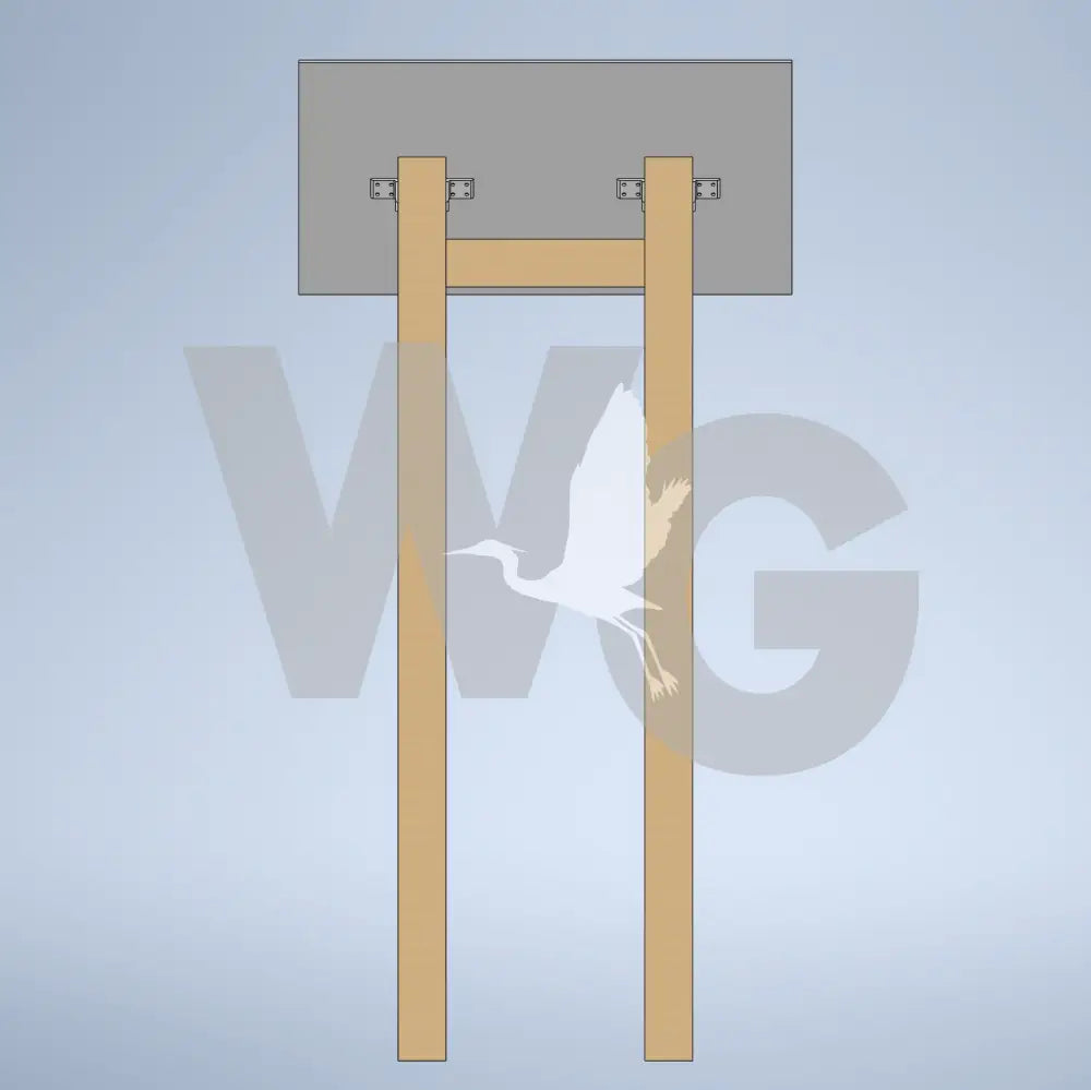 A 3D digital model of a minimalist wooden stand or frame with a gray rectangular top plate and two vertical light brown wooden posts, shown against a light blue gradient background.