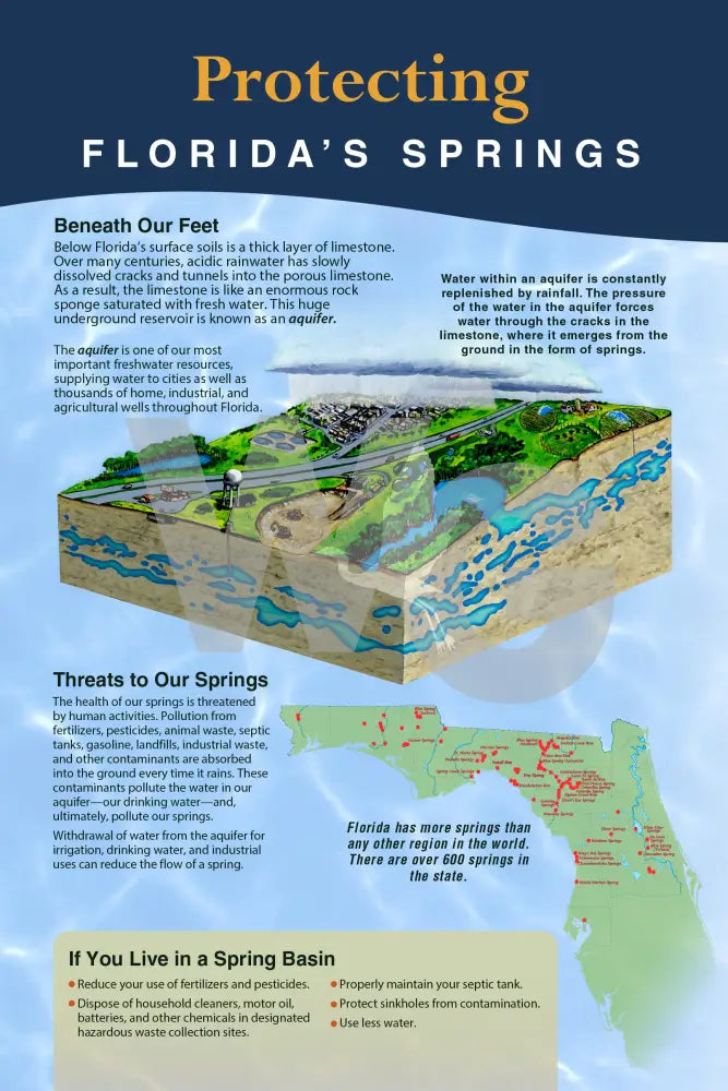 An educational sign titled 'Protecting Florida's Springs' with a colorful cross-section illustration of a spring aquifer, explanatory text, and a warning section at the bottom.