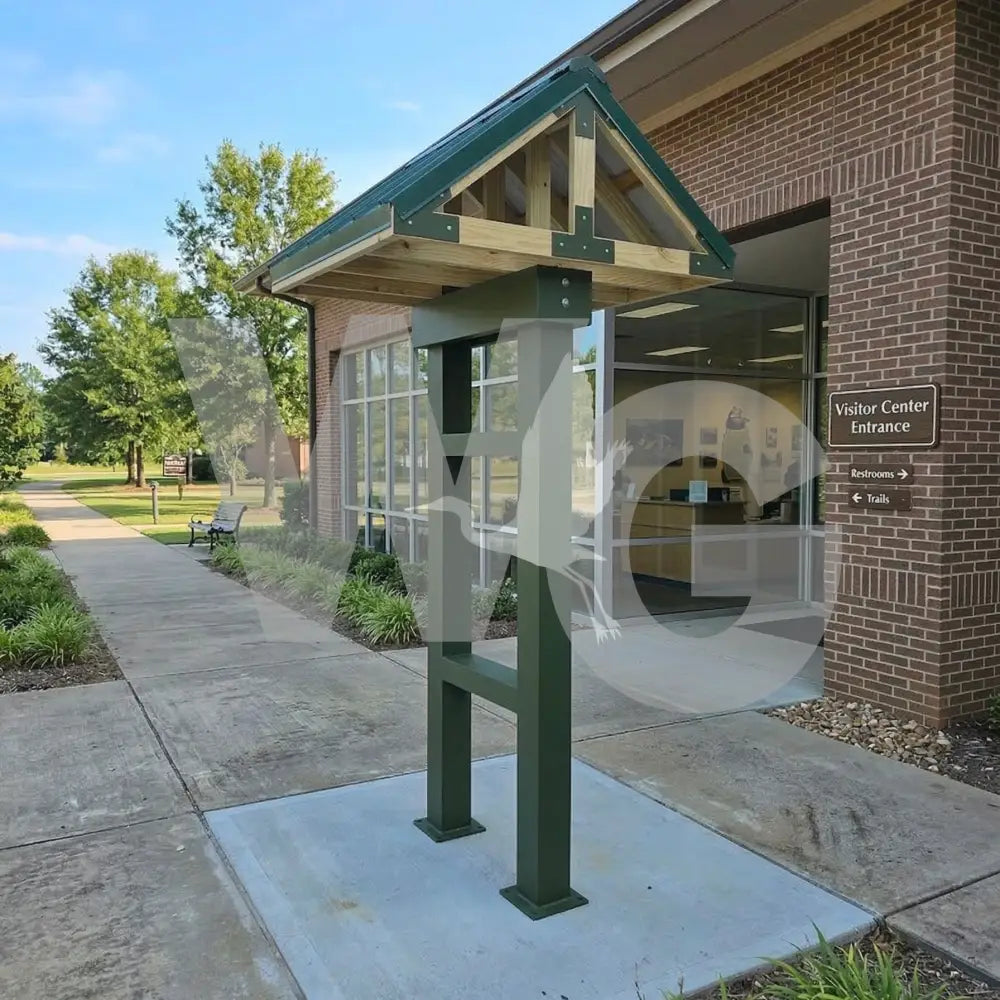 Green metal shelter in front of a building with 'Visitor Center Entrance' sign